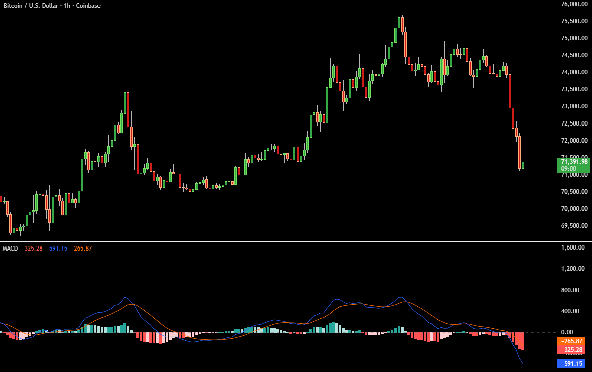 MACD indicator on Bitcoin BTC price chart showing MACD lines histogram and momentum shifts